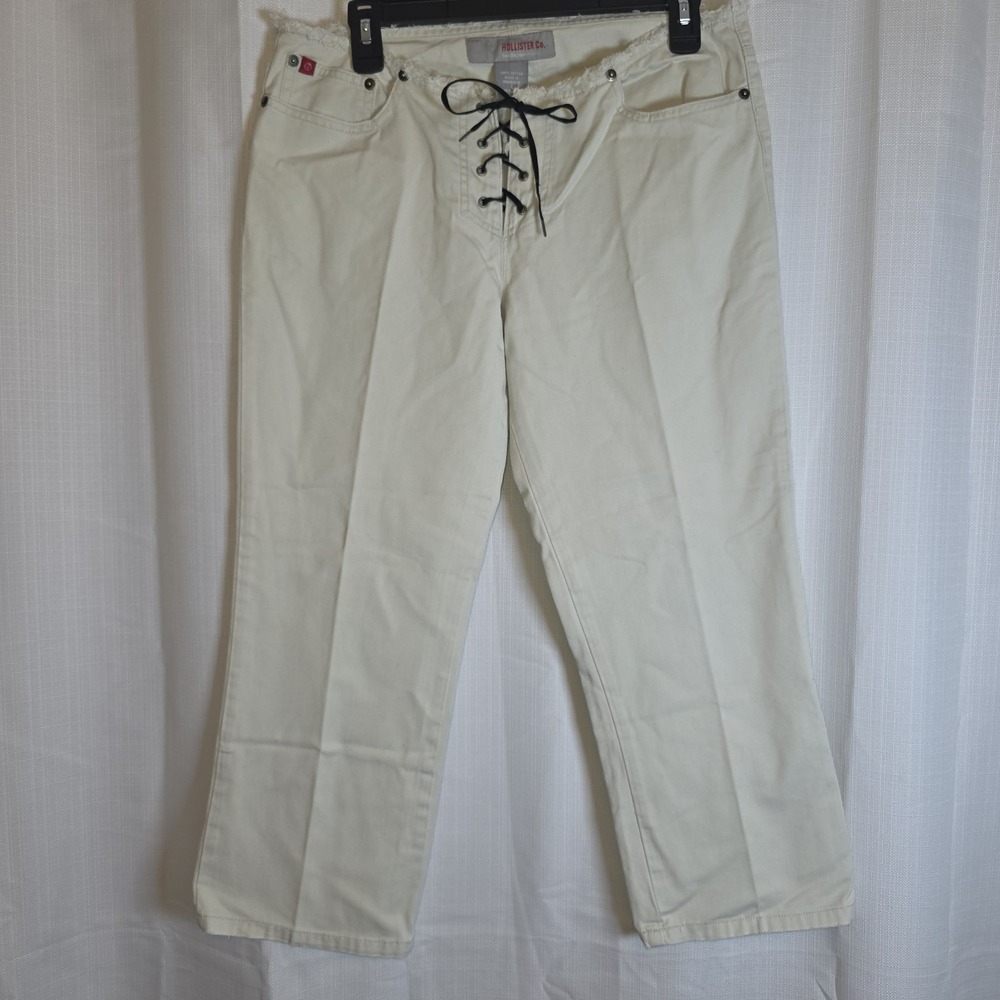 Hollister Lace Up Front Pants Womens 6 White Raw Hem Waist Cropped Wide Leg‎ Y2K